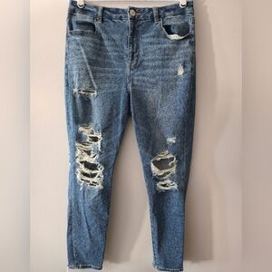 American Eagle Women’s Distressed Skinny Jeans Size 14 Blue High Rise Stretch